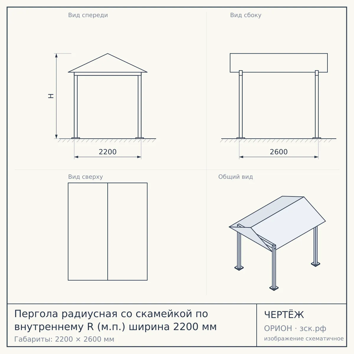 Пергола радиусная со скамейкой по внутреннему R (м.п.) ширина 2200 мм — чертёж